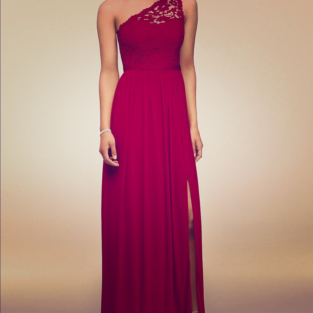 lace one shoulder, floor length bridesmaid dress
